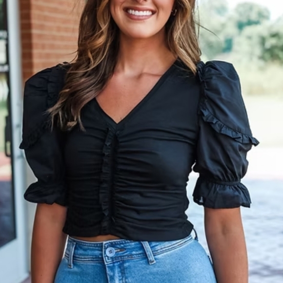 Anthropologie Black Puff Sleeve Ruched Blouse – Size L - Excellent condition - Picture 1 of 8